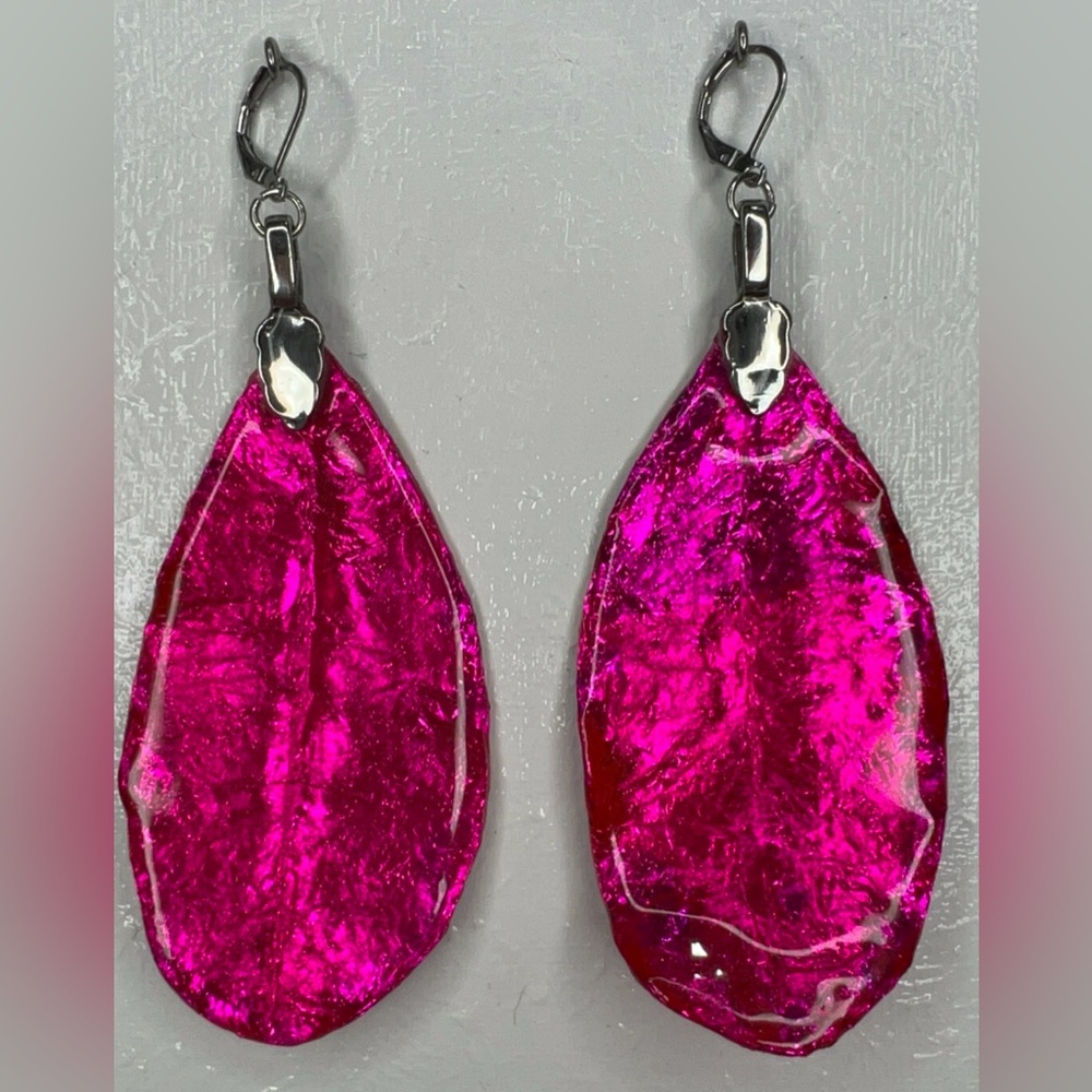Handmade real magnolia leaf earrings hot pink